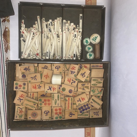 Antique Japanese Mah Jong Game 1920s Wood Tiles Bovine Dice Discs And Sticks - Picture 15 of 16